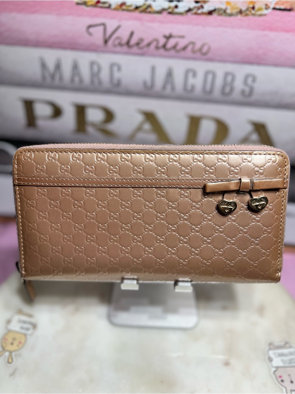 Gucci Microguccissima Metallic Rose Gold Patent Leather Zip Around Wallet.